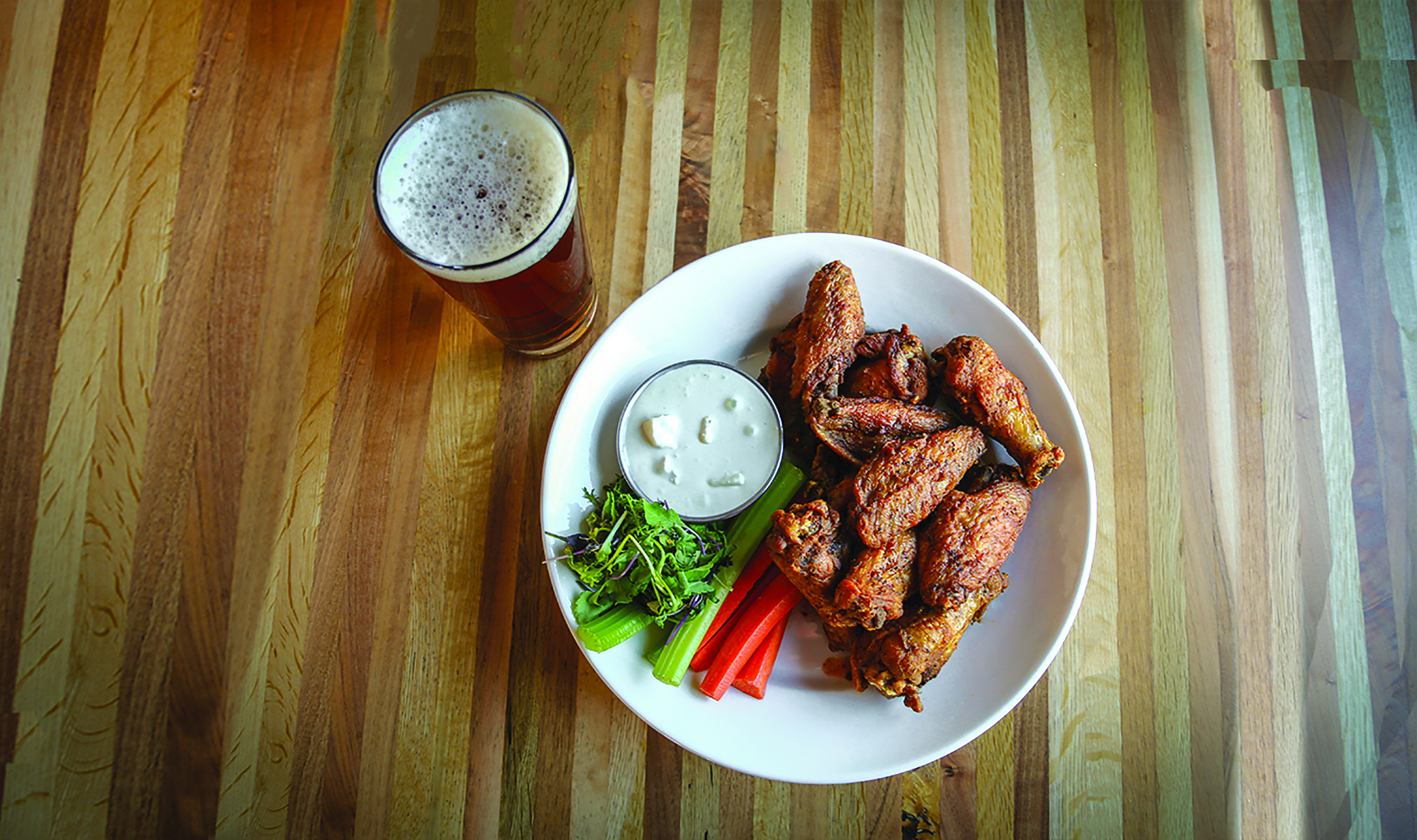 A Plate of Chicken Wings and a Beer at Liberty Mountain